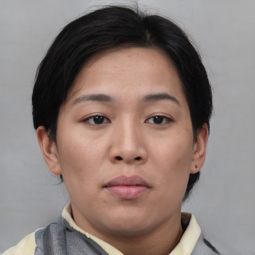 Neutral asian young-adult female with medium  brown hair and brown eyes