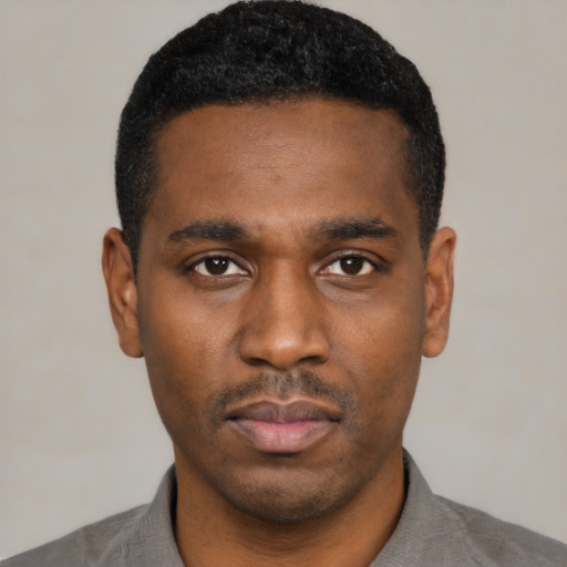 Neutral black young-adult male with short  black hair and brown eyes