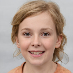 Joyful white child female with medium  brown hair and blue eyes