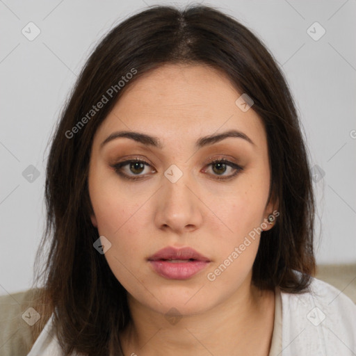 Neutral white young-adult female with medium  brown hair and brown eyes