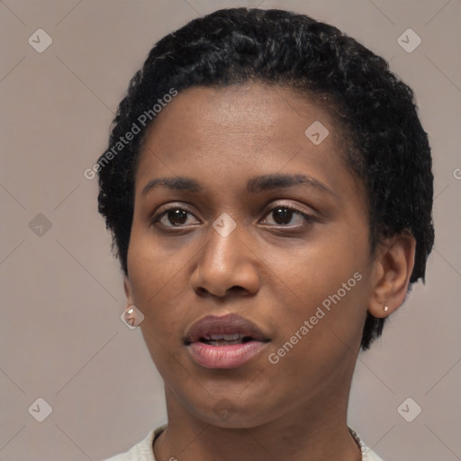 Neutral black young-adult female with short  black hair and brown eyes