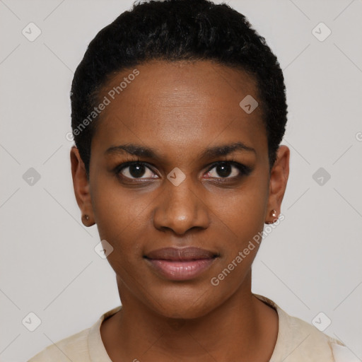 Joyful black young-adult female with short  black hair and brown eyes