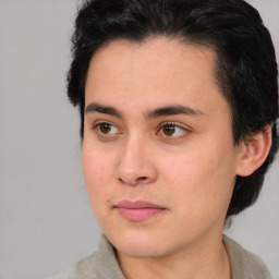 Joyful white young-adult male with medium  brown hair and brown eyes