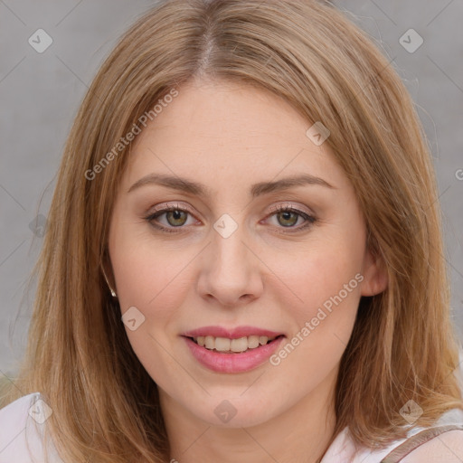 Joyful white young-adult female with medium  brown hair and blue eyes