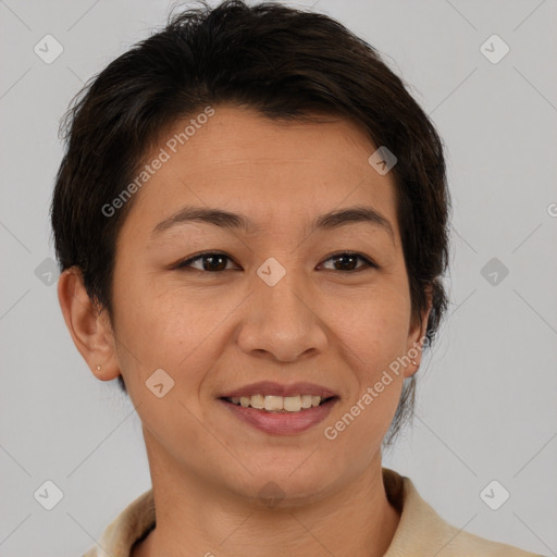 Joyful asian young-adult female with short  brown hair and brown eyes