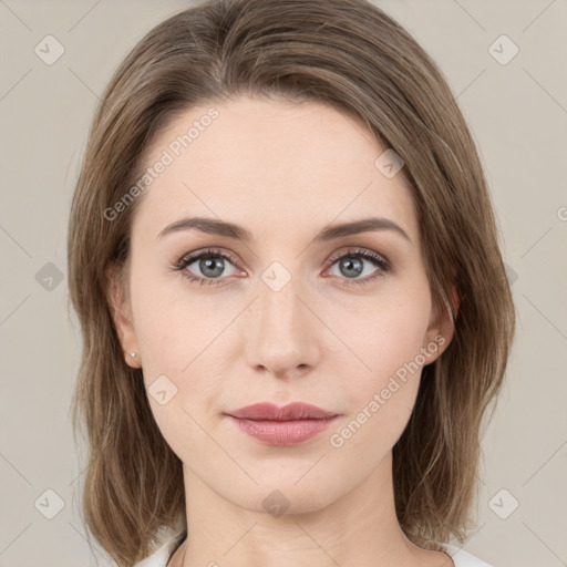 Joyful white young-adult female with medium  brown hair and green eyes