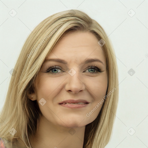 Joyful white young-adult female with long  brown hair and green eyes