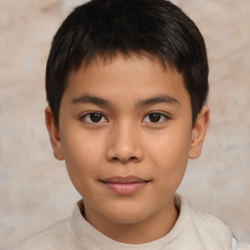 Joyful asian child male with short  brown hair and brown eyes