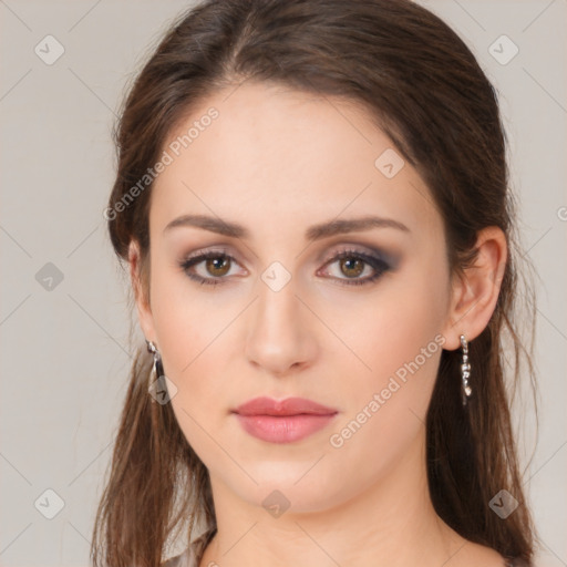 Neutral white young-adult female with long  brown hair and brown eyes