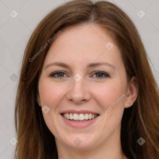 Joyful white young-adult female with long  brown hair and grey eyes