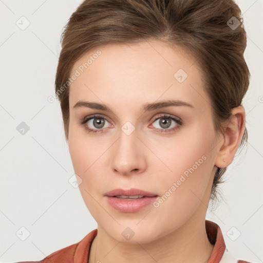 Neutral white young-adult female with medium  brown hair and grey eyes