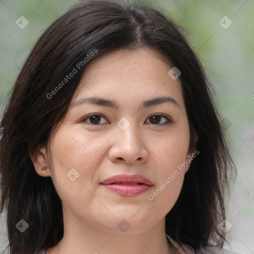 Joyful white young-adult female with medium  brown hair and brown eyes