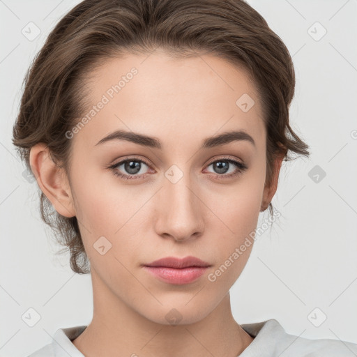 Neutral white young-adult female with medium  brown hair and brown eyes