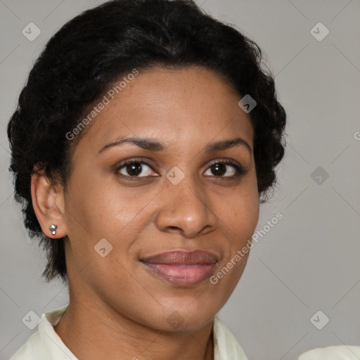 Joyful latino young-adult female with short  brown hair and brown eyes