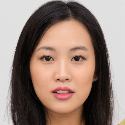 Neutral asian young-adult female with long  brown hair and brown eyes