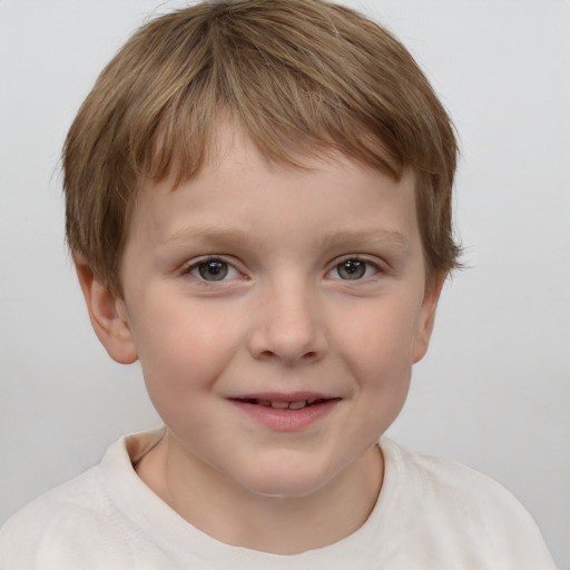 Joyful white child female with short  brown hair and grey eyes