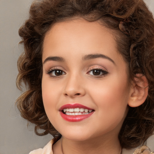 Joyful white child female with medium  brown hair and brown eyes