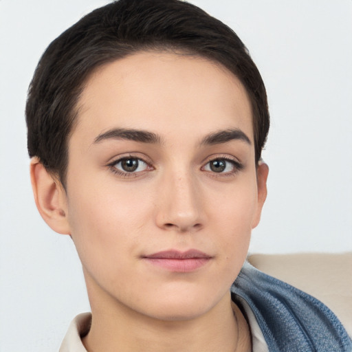 Neutral white young-adult female with short  brown hair and brown eyes