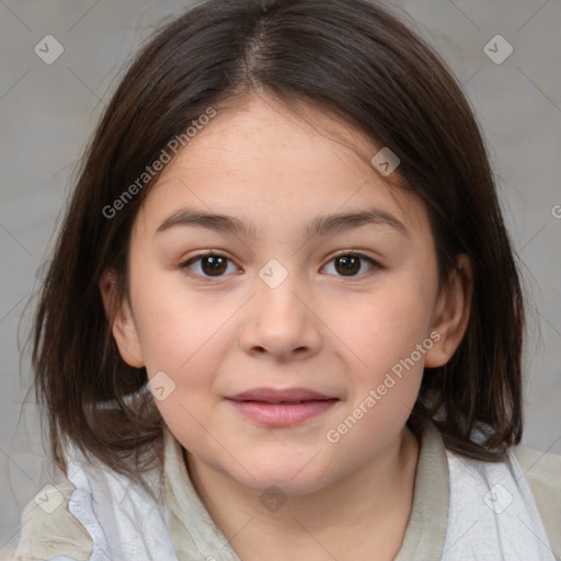 Joyful white child female with medium  brown hair and brown eyes