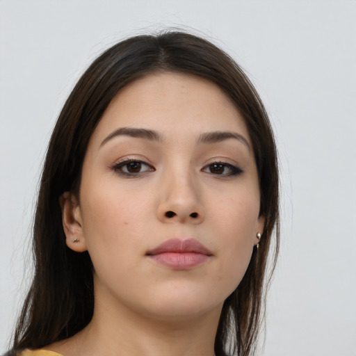 Neutral asian young-adult female with long  brown hair and brown eyes