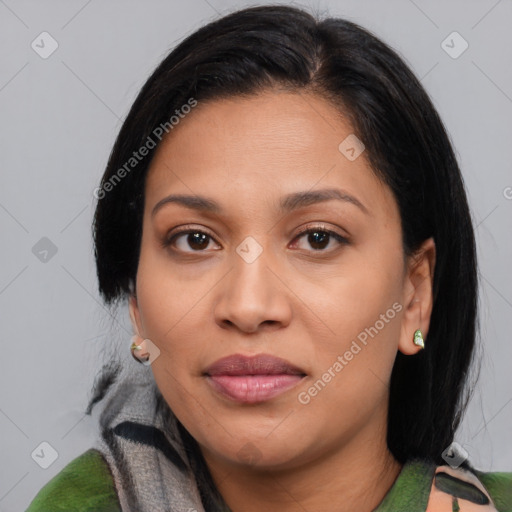 Joyful asian young-adult female with medium  black hair and brown eyes