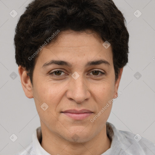 Joyful white adult female with short  brown hair and brown eyes