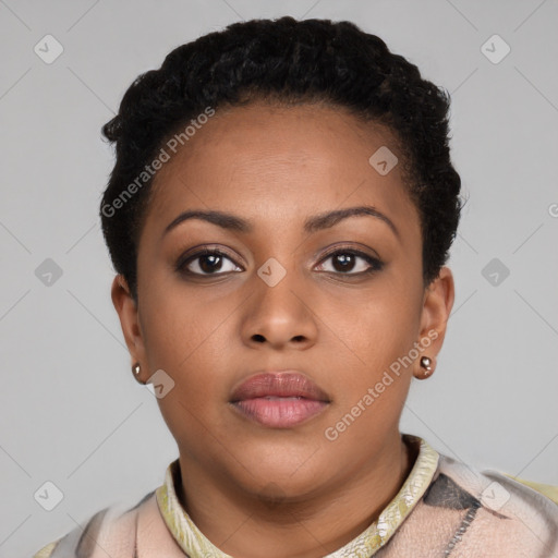 Neutral black young-adult female with short  brown hair and brown eyes