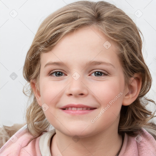 Joyful white child female with medium  brown hair and grey eyes