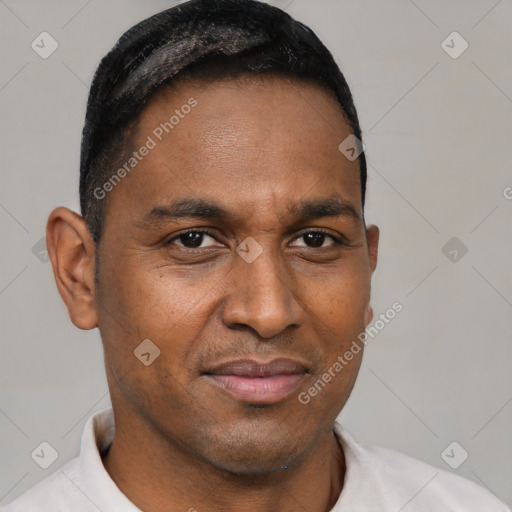 Joyful latino adult male with short  brown hair and brown eyes