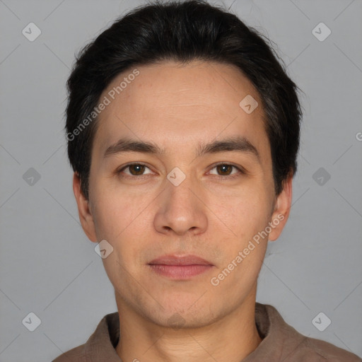 Neutral white adult male with short  black hair and brown eyes