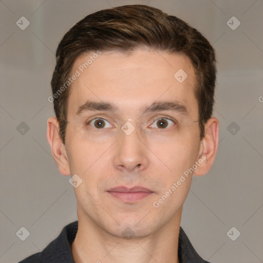 Neutral white young-adult male with short  brown hair and brown eyes