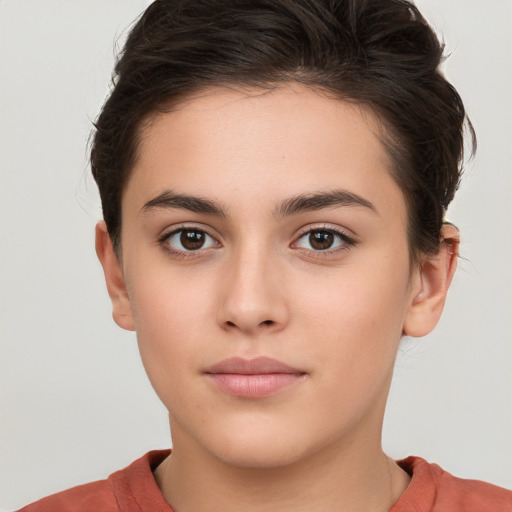 Neutral white young-adult female with short  brown hair and brown eyes