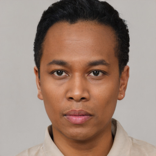 Neutral black young-adult male with short  black hair and brown eyes
