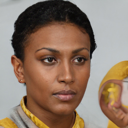 Neutral black young-adult female with short  brown hair and brown eyes