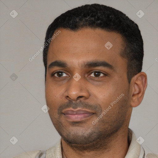 Neutral latino young-adult male with short  black hair and brown eyes