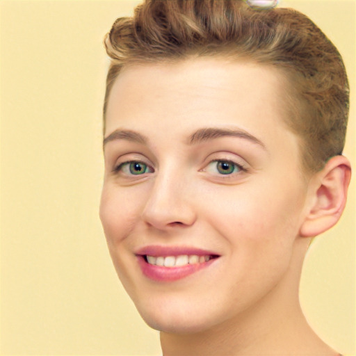 Joyful white young-adult female with short  brown hair and green eyes