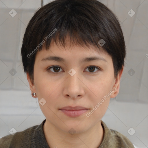 Neutral white young-adult female with short  brown hair and brown eyes