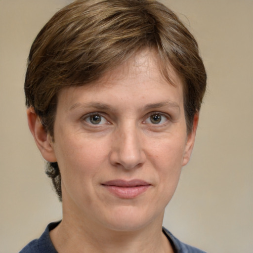 Joyful white adult female with medium  brown hair and grey eyes