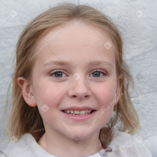 Joyful white child female with medium  brown hair and blue eyes