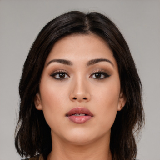 Neutral white young-adult female with medium  brown hair and brown eyes