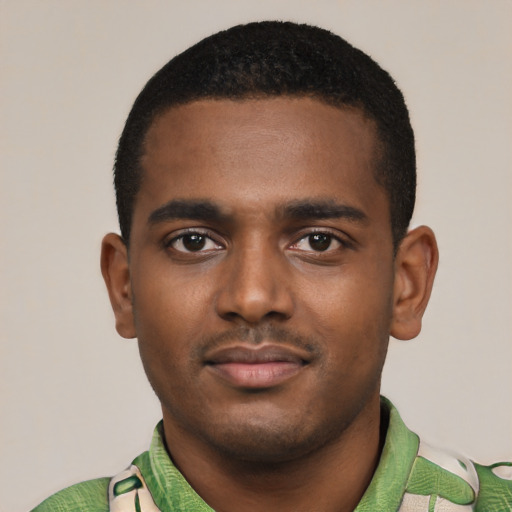 Neutral black young-adult male with short  black hair and brown eyes
