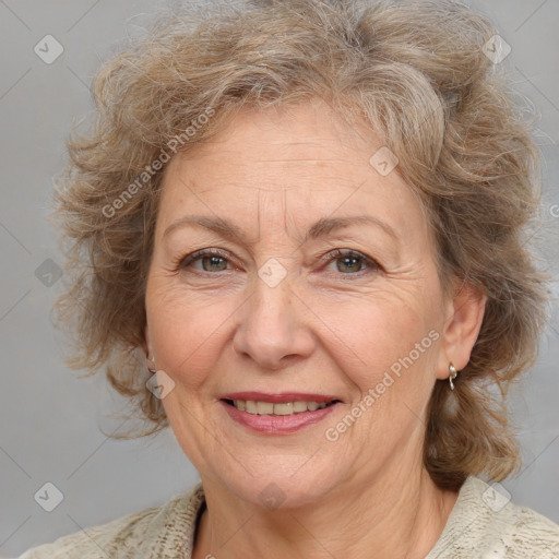 Joyful white middle-aged female with medium  brown hair and brown eyes