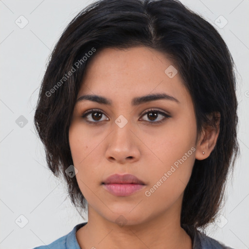 Neutral asian young-adult female with medium  brown hair and brown eyes