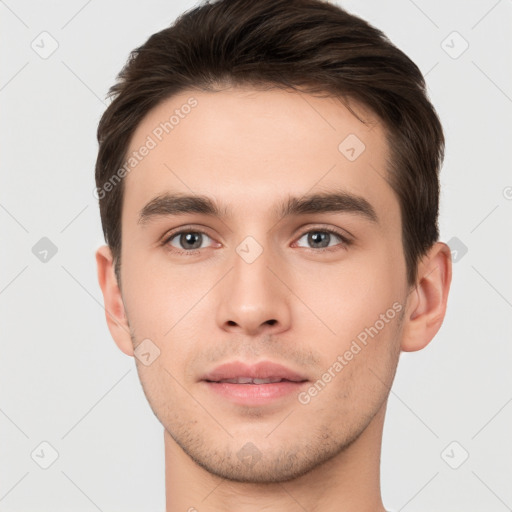 Neutral white young-adult male with short  brown hair and brown eyes