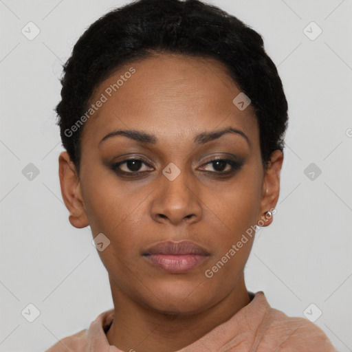 Neutral black young-adult female with short  black hair and brown eyes