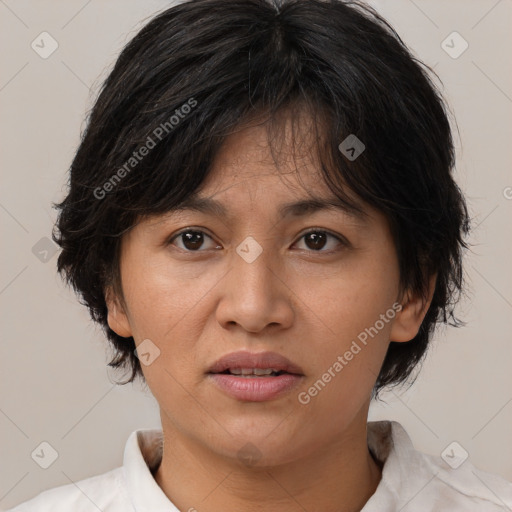 Joyful white adult female with medium  brown hair and brown eyes