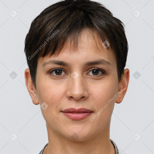 Joyful white young-adult female with short  brown hair and brown eyes