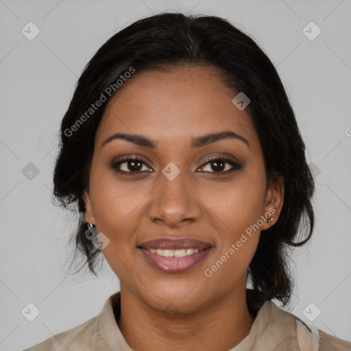 Joyful black young-adult female with medium  brown hair and brown eyes