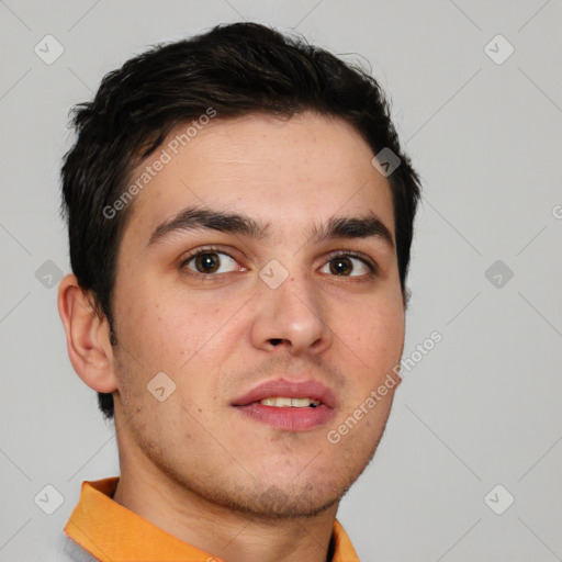 Neutral white young-adult male with short  brown hair and brown eyes
