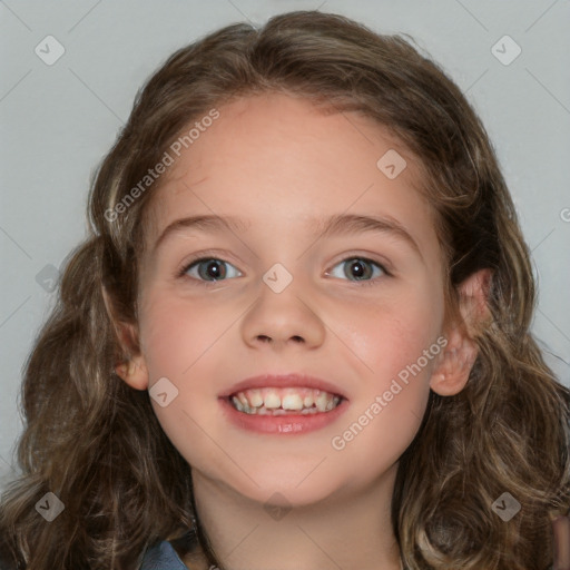 Joyful white child female with medium  brown hair and blue eyes